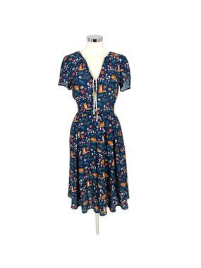 Unique Vintage Fox Hedgehog Mushroom Print Navy Blue Short Sleeve Dress Size XS